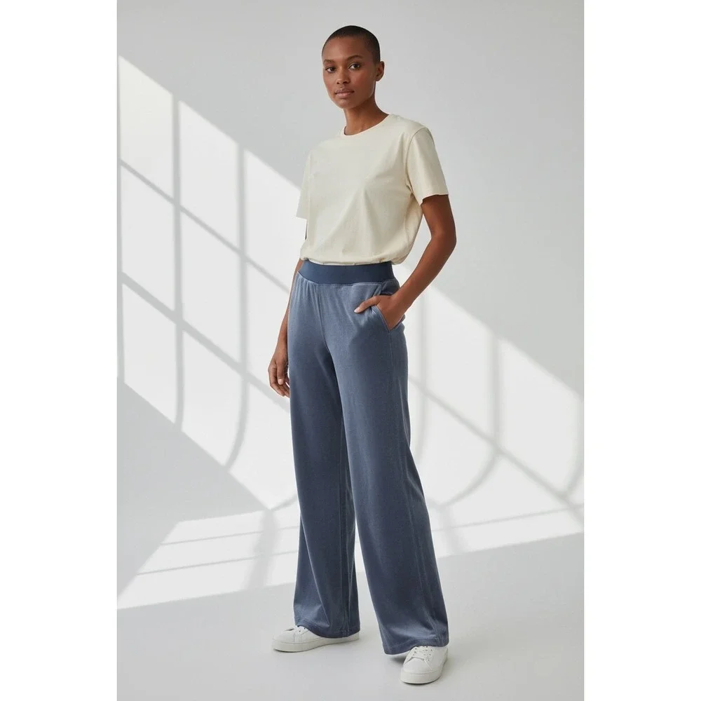 Michael Kors Y2K Womens Velour Track Pants Navy Blue Straight Leg Lounge Large